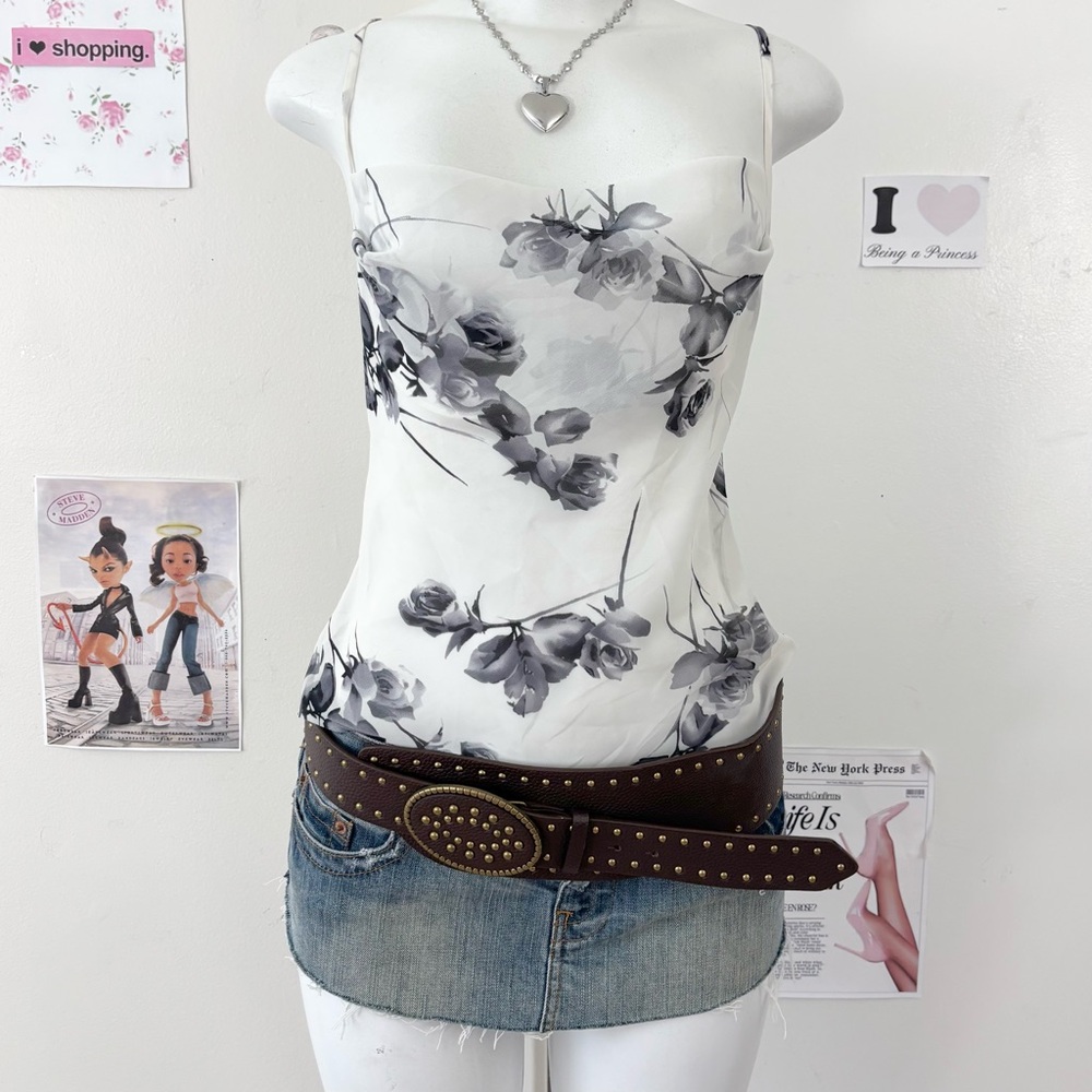 LA SENZA Y2K Lingerie Sheer Floral Cami Top White/Black TP/XS